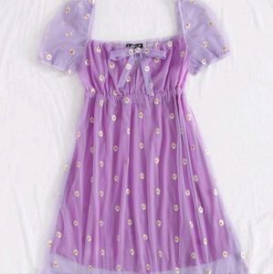 Embroidered daisy print mesh overlay dress